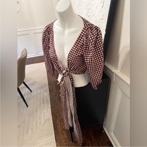 Show‎ Me Your MuMu Brown and White Puff Sleeve Wrap Blouse